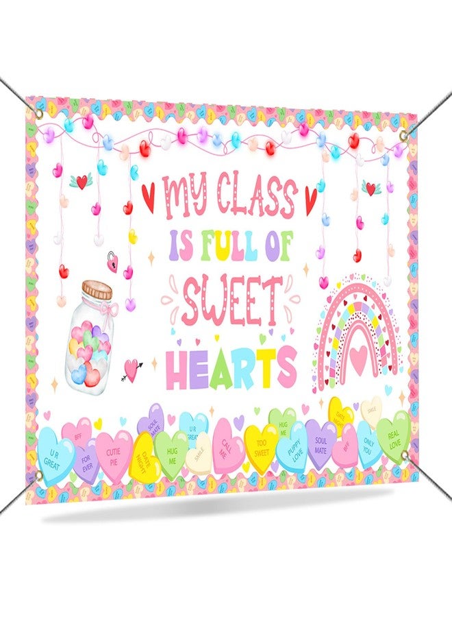 Mocsicka My Class is Full of Sweethearts Backdrop Banner Valentine's Day Decorations for Classroom Party Happy Valentines Day Teacher Student School Banner Decorations 70.8 x 43.3 Inch (Colorful) - Image 1